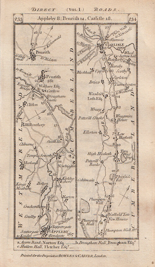 The Road from Appleby to Penrith to Carlisle continuing on the verso to Longtown Langholm to Mosspaul Inn