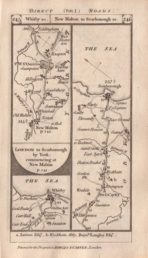 Road from London to Scarborough by York commencing at New Malton   On the verso is the road from Durham to Sunderland 