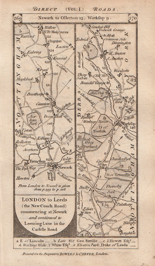 The Road from Newark to Ollerton to Worksop continuing on the verso to Sheffield Barnesley and Wakefield