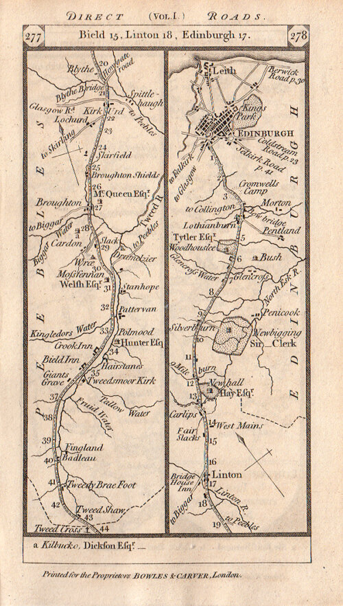 The Road from Bield to Linton to Edinburgh and on the verso the road from Peterboro to Market Deeping Bourn and Folkingham