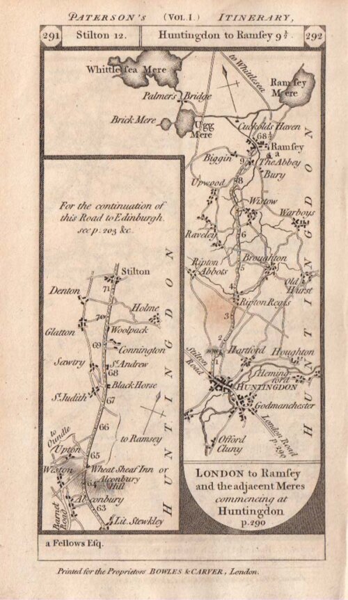 Road from London to Ramsey and the adjacent Meres commencing at Huntingdon   On the verso is the road from Buntingford to Royston Caxton and Huntingdon