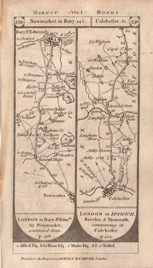 The Road from Newmarket to Bury St Edmunds and the road from Colcehester continuing on the verso to Ipswich Wickham and Yoxford