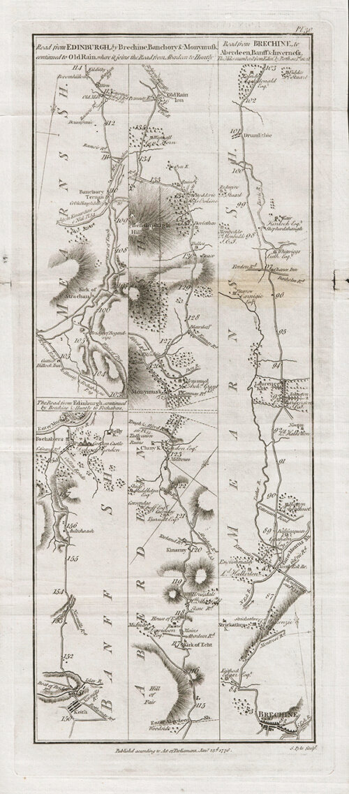 Road from Edinburgh by Brechine Banchory & Monymusk continued to Old Rain where it joins the Road from Aberdeen to Huntly; Road from Brechine to Aberdeen Banff & Inverness