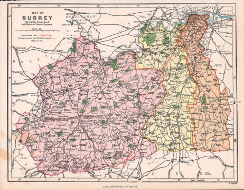 W Hughes  -  Map of Surrey showing the Roman Road and Places  of General Interest