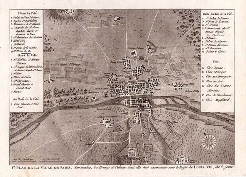 1ER Plan de la Ville de Paris  Son  tendue les Bourgs et Cultures dont elle  toit environn e sous le Regne de LOUIS VII dit le jeune 