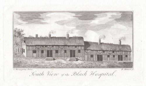 South View of the Black Hospital. antique print.