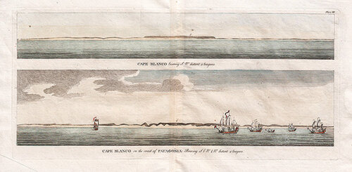 Cape Blanco bearing SW distant 5 leagues  -  Cape Blanco on the coast of Patagonia: Bearing S b W 1/2 W distant 4 leagues 
