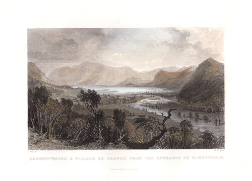 Derwentwater & village of Grange from the entrance to Borrowdale