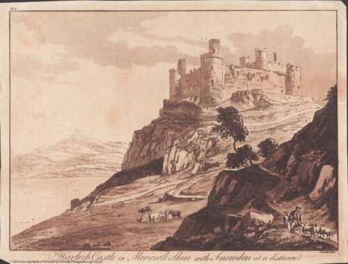 Harlech Castle in Merioneth Shire with Snowdon at a distance.  (antique print)