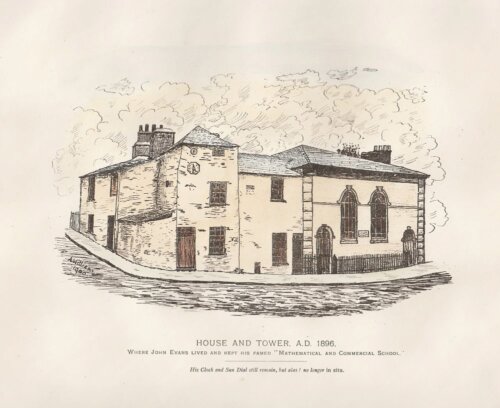 House and Tower.  A.D. 1896. Where John Evans lived and kept his famed 