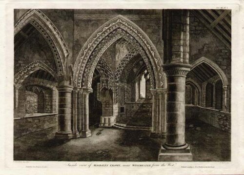 Inside view of Magdalen Chapel near Winchester from the West