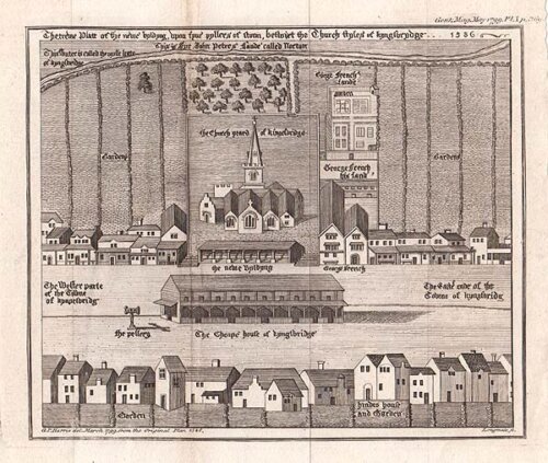The trewe platt of the newe byldyng upon fyve pyllers - The bird's-eye view of Kingsbridge taken in 1586 