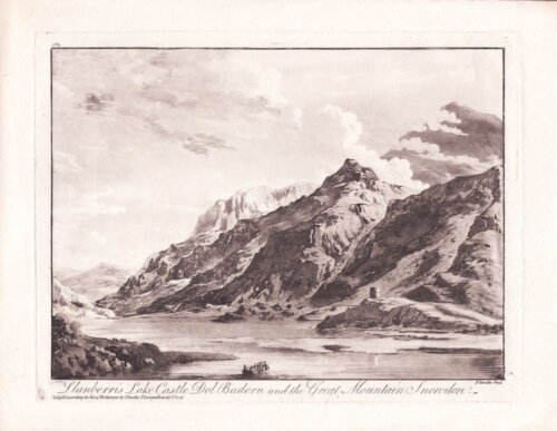 Llanberris Lake, Castle Dol Badern and Great Mountain Snowdon. (antique print)