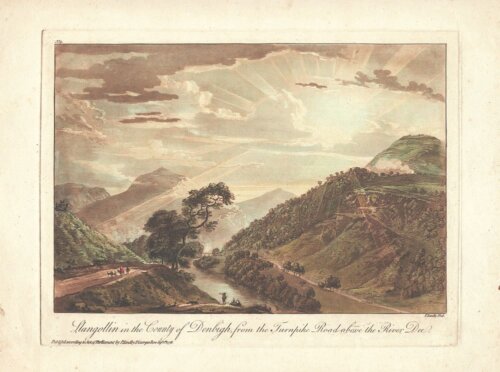 Llangollen in the County, from The Turnpike Road abobe the River Dee.   (antique print)