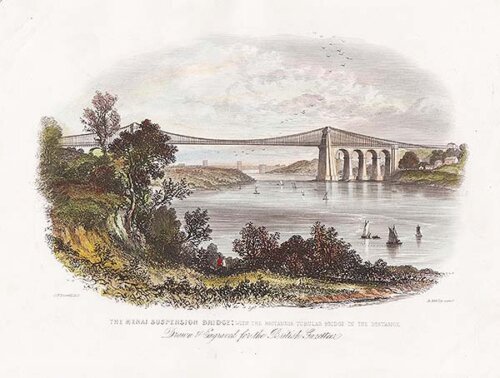 The Menai Suspension Bridge; With the Britannia Bridge in the distance