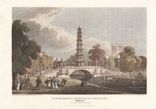 Chinese Pagoda & Bridge in St James's Park Middlesex.....  (antique print)