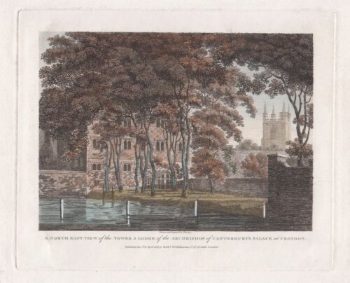 A North East View of the Tower & Lodge of the Archbishop of Canterbury's Palace at Croydon  (antique print)