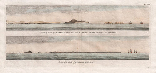 A view of the hill of Petaplan and the rocked called the White Friars: Bearing SE&E distant 5 miles  -   A view of the islands of Quibo and Quicara 