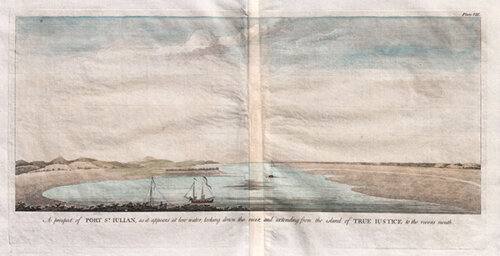 A prospect of Port St Julian as it appears at low water looking down the river and extending from the island of True Justice to the river's mouth