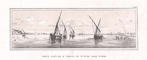 Boats punting & towing up stream near Rhoda