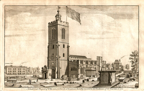 A South West Prospect of St Dunstan's Church at Stepney humbly inscribed to the Gentlemen of the Vestry in 1755