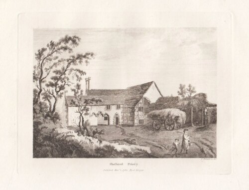 Shelbred Priory.  antique print.