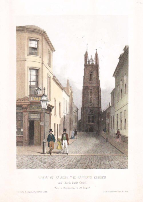 View of St John the Baptist Church and Church Street Cardiff 