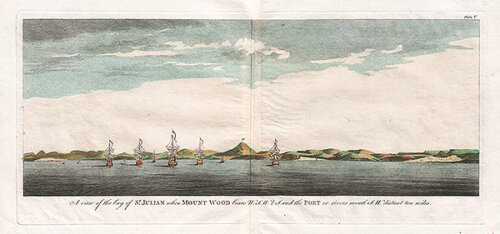 A view of the bay of St Julian when Mount Wood bears WSW 1/2 S and the Port or river's mouth SW distant 10 miles