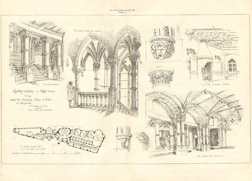 Inside the University College of Wales at Aberystwyth.  (antique print)