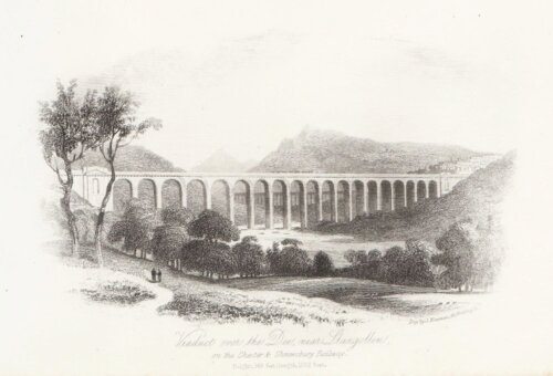 Viaduct over the Dee, near Llangollen on the Chester & Shrewsbury Railway.  (antique print)