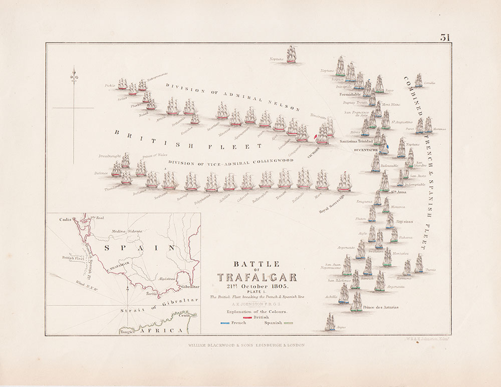 Battle of Trafalgar 21st October 1805 Plate 1  The British Fleet breaking the French & Spanish line 