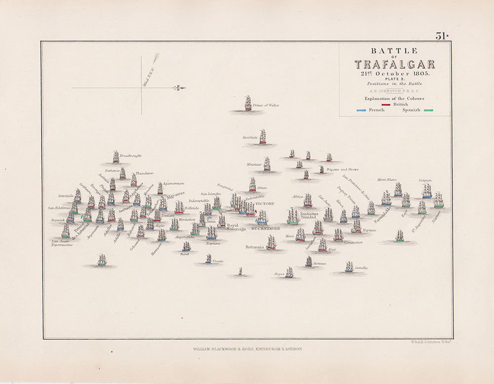 Battle of Trafalgar 21st October 1805  Plate 2  Positions in the Battle