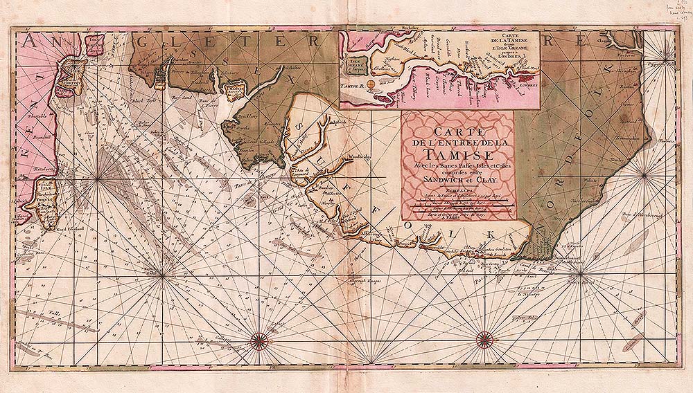 Carte de L'Entre de la Tamise avec les Bancs, Passes, Isles et Costes Comprises entre Sandwich et Clay.