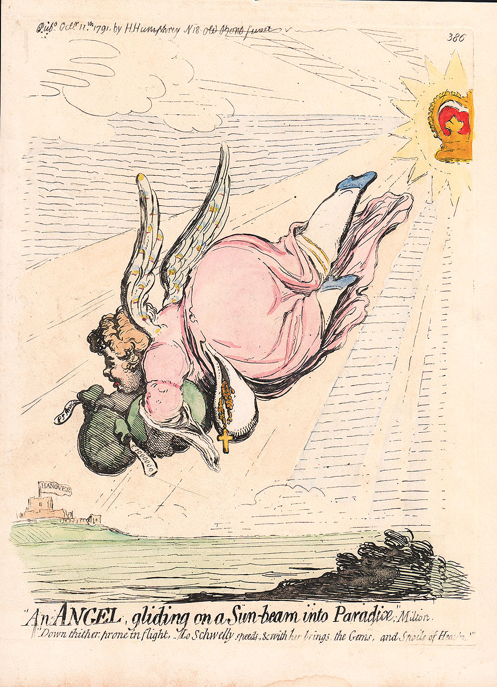 Gillray - An angel gliding on a sun-beam into paradise 