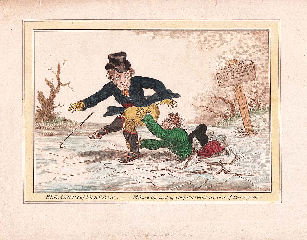 Gillray - Elements of Skateing - Making the most of a passing friend in a case of Emergency 