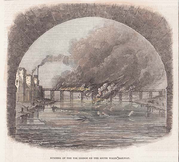 Burning of the Usk Bridge on the South Wales Railway