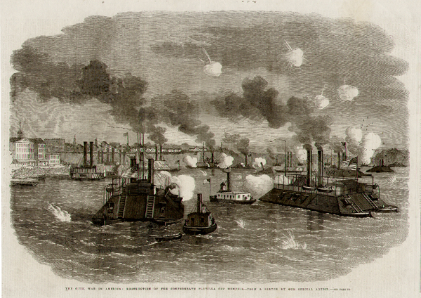 The Civil War in America  :  Destruction of the Confederat Flotilla off Mephis