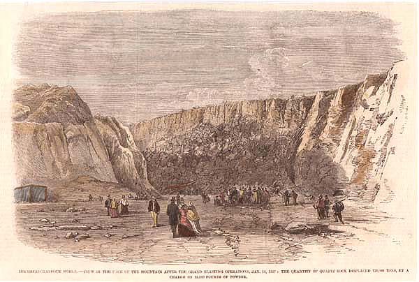 Holyhead Harbour Works  -  View of the face of the mountain after the grand blasting operations Jan 16th 1857