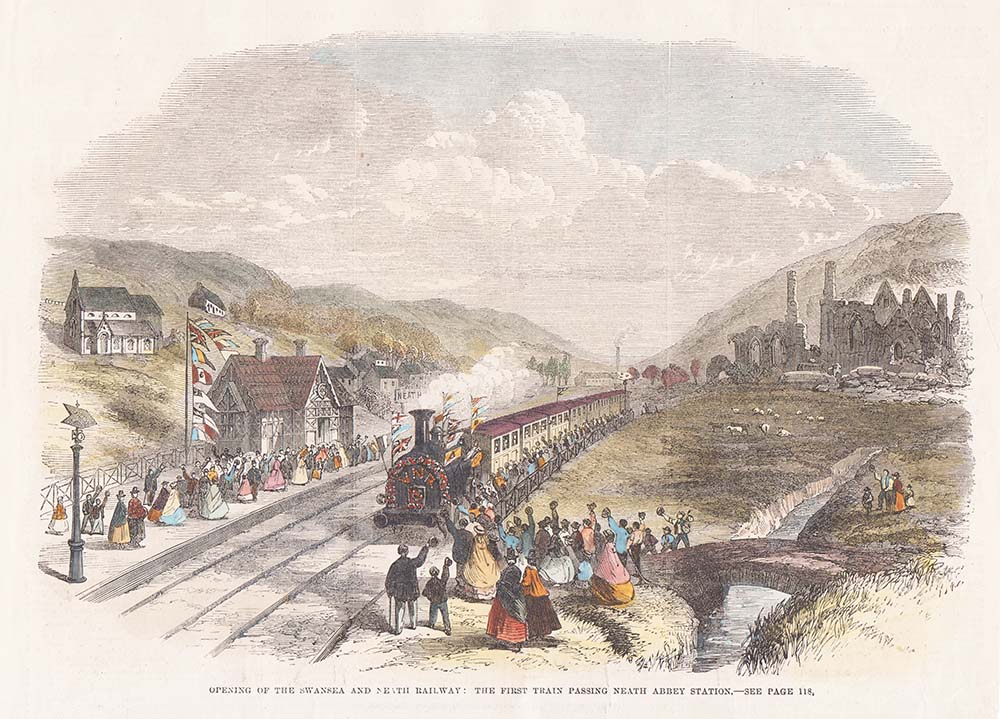 Opening of the Swansea and Neath Railway : The First Train passing Neath Abbey Station.