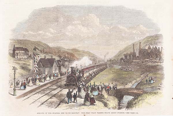 Opening of the Swansea and Neath Railway :  The first train passing Neath Abbey Station.