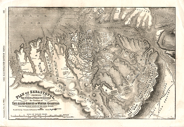 Plan of Sebastopol shewing The Forts & Public Buildings  the Position of The Allied Armies in Winter Quarters and the present state of the Siege Works