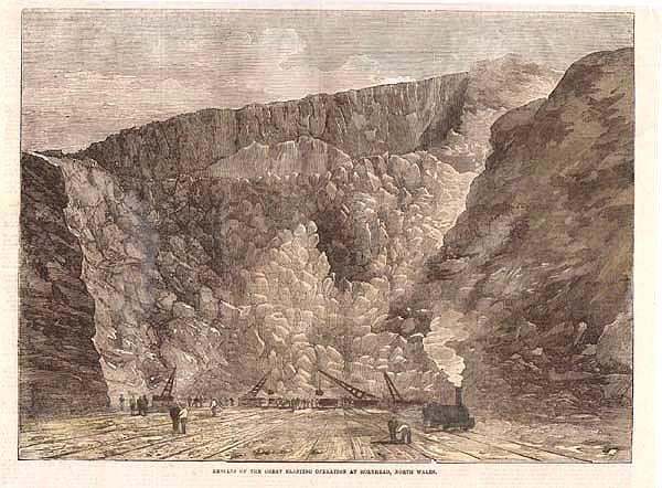 Results of the great blasting dperation at Holyhead North WalesAn antique woodcut engraving  Circa 1857  Later coloured by hand