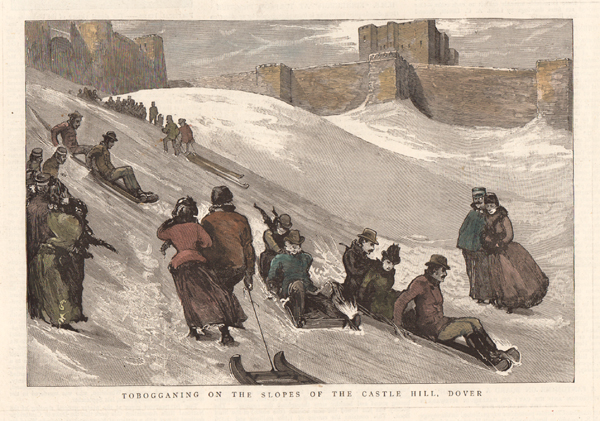 Tobogganing on the slopes of the Castle Hill Dover 