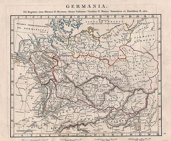 Germania Vel Regiones intra Rhenum f1 Oceanum Sinum Codanum Vistulam f1 Montes Sarmaticos et Danubium f1 Sitae  -  Aaron Arrowsmith