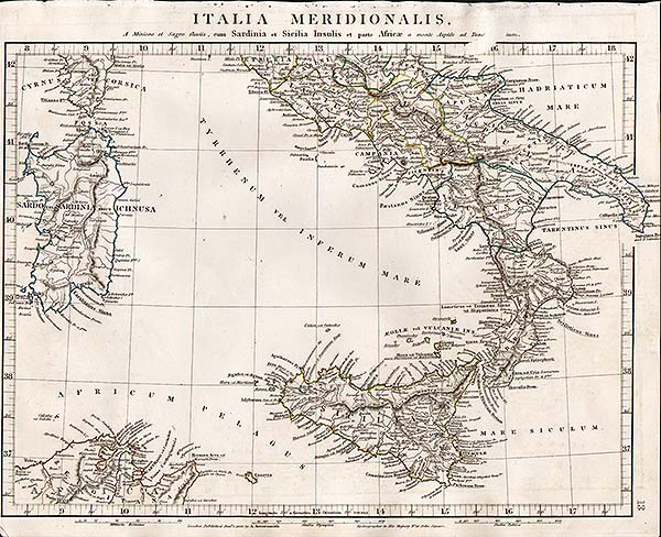 Italia Meridionalis A Minione et Sagro fluvus cum Sardinia et Sicilia Insulis et parte Africae a monte Aspide ad Tuscan fluvium   -  Aaron Arrowsmith