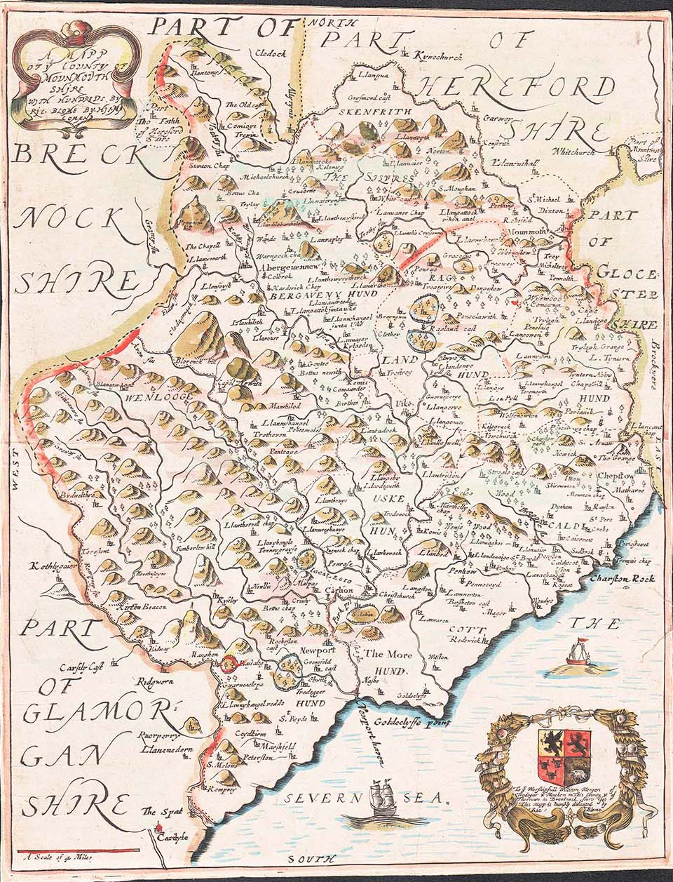 A Map of ye County of Monmouth Shire with Hundreds  -  Richard Blome
