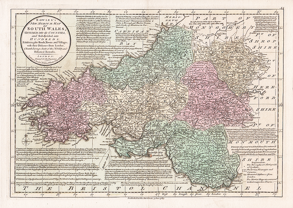 Bowles's New Medium Map of South Wales Divided into its Counties and subdivided into Hundreds 