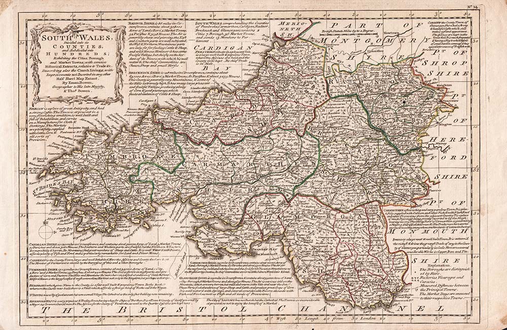 Emanuel Bowen & Thomas Bowen  -  South Wales Subdivided into its Hundreds;