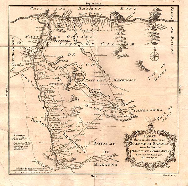 Carte du Cours des Rivieres de Faleme et Sanaga Dans les Pays de Bambuk et Tamba Awra  Leve sur les Lieux par Mr Compagnon
