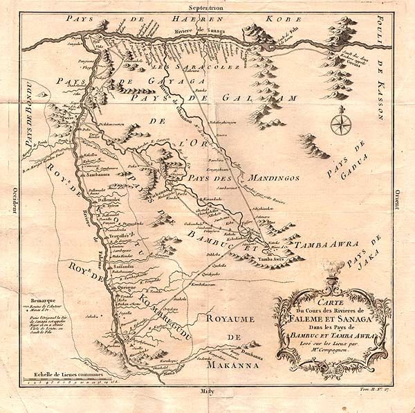 Carte du Cours des Rivieres de Faleme et Sanaga Dans les Pays de Bambuk et Tamba Awra  Leve sur les Lieux par Mr Compagnon